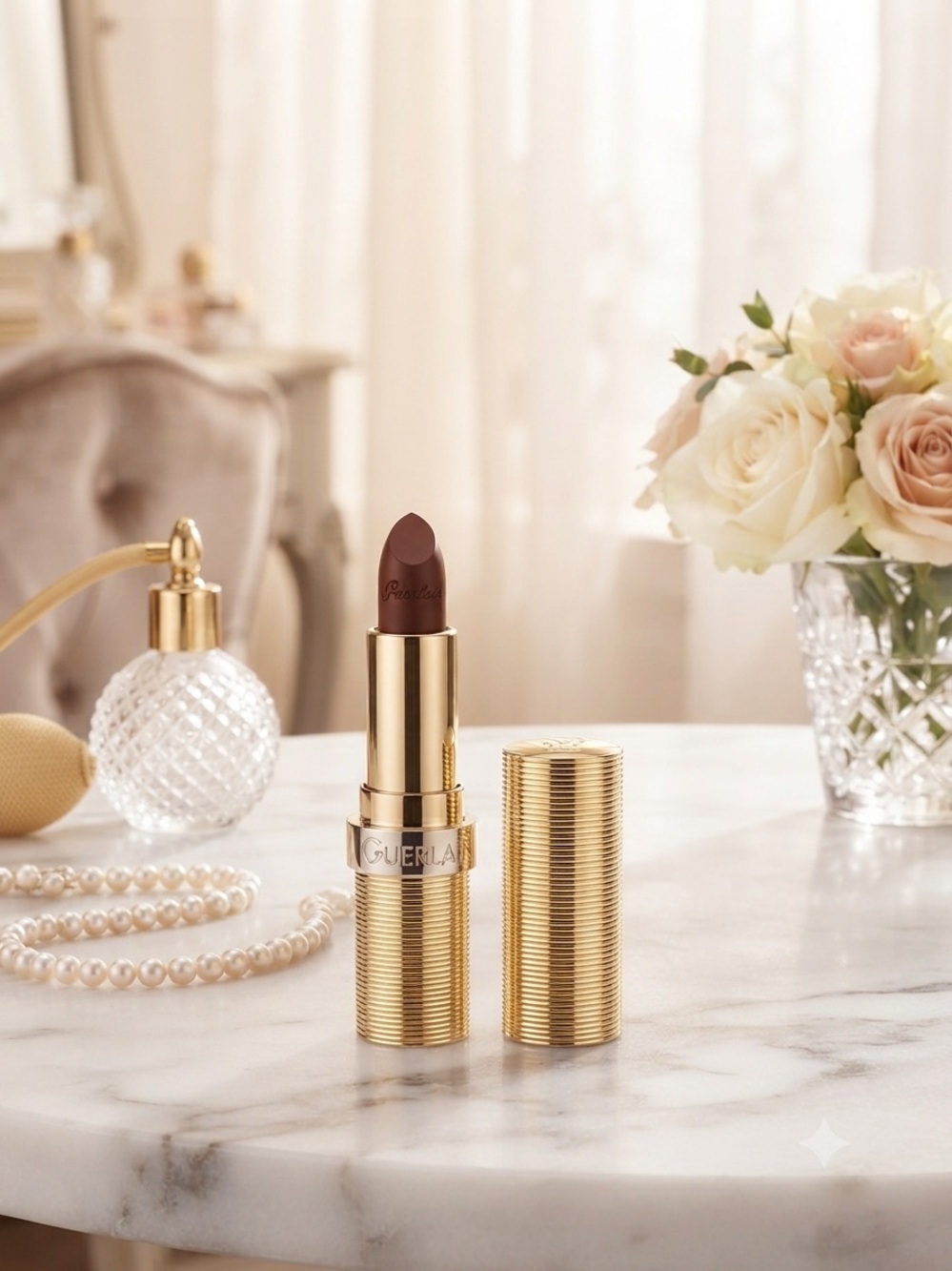 GUERLAIN Lipstick in Deep Mauve Brown with Gold Case